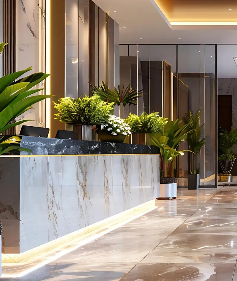 Marble entrance lobby with warm lighting